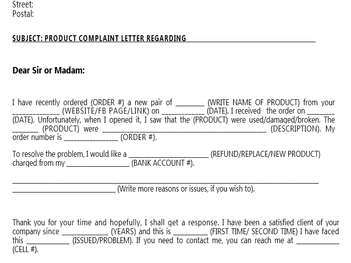 Free Product Complaint Letter Template - Free Letter Templates
